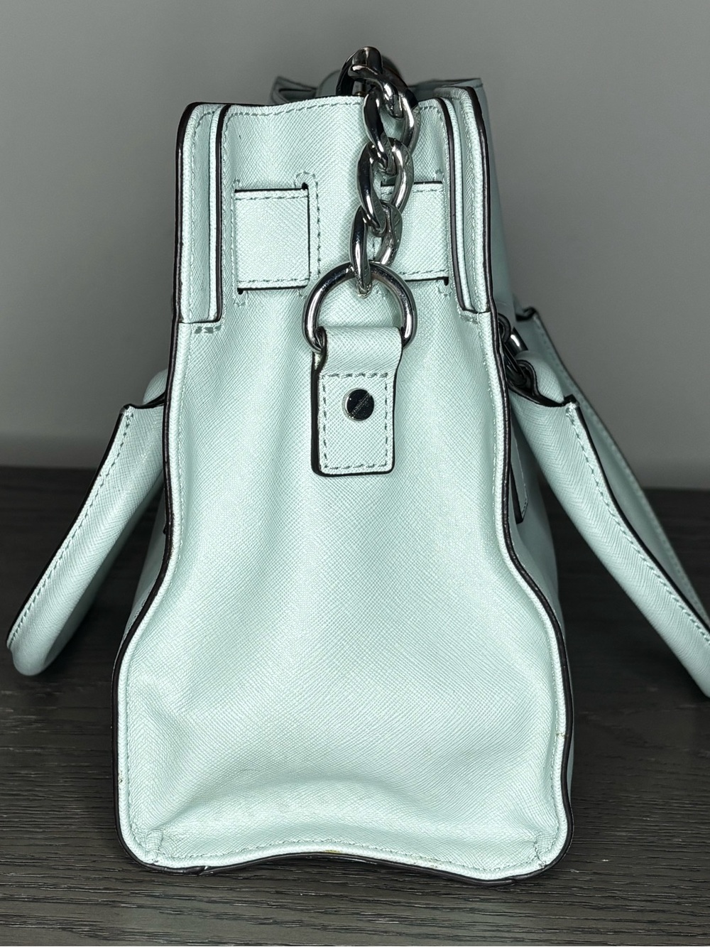 Michael Kors Hamilton Mint Green Saffiano Leather Satchel Tote Silver Lock Bag - Picture 13 of 16